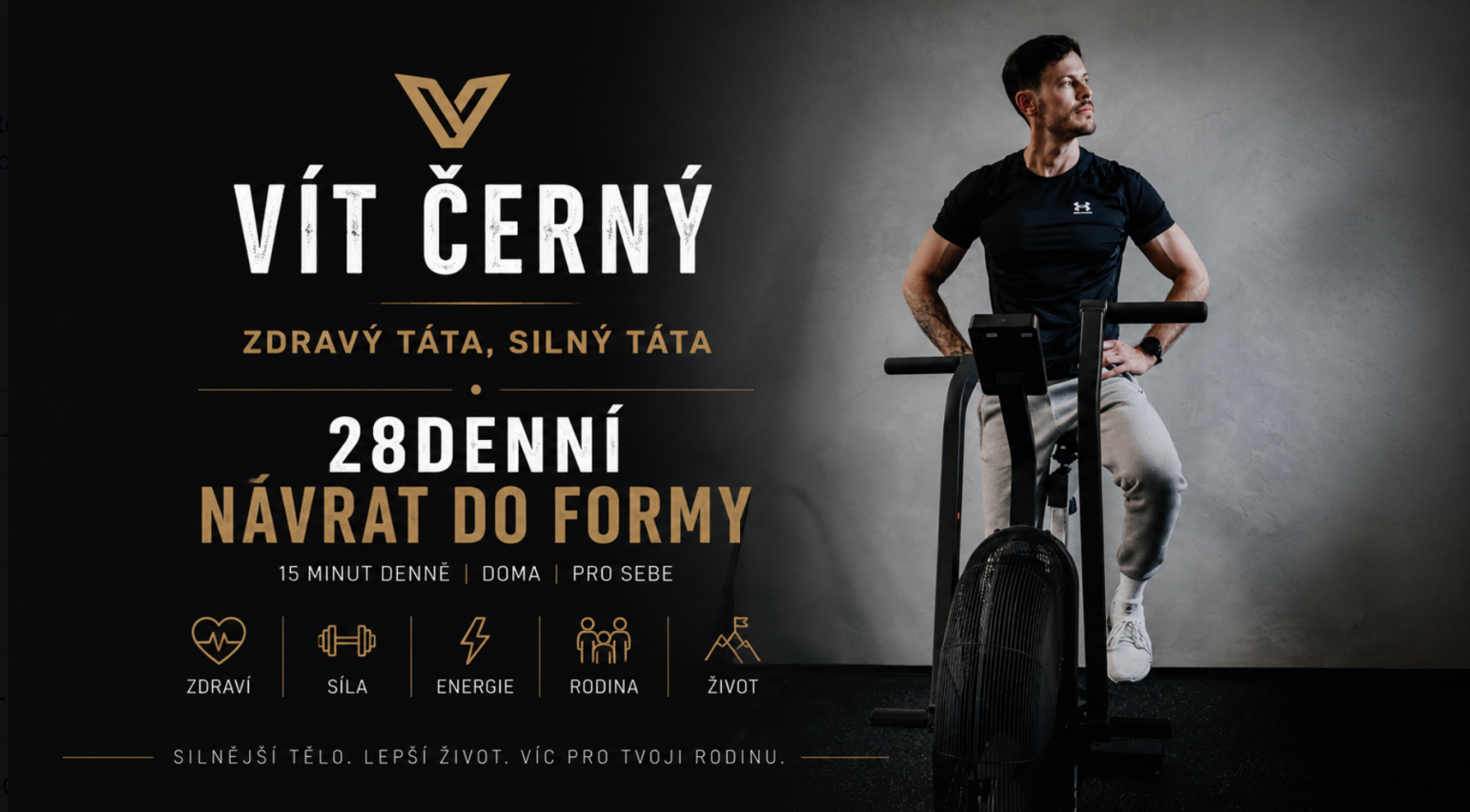Vít Černý — 28denní návrat do formy. Obálka e-booku s Víťou na airbiku.